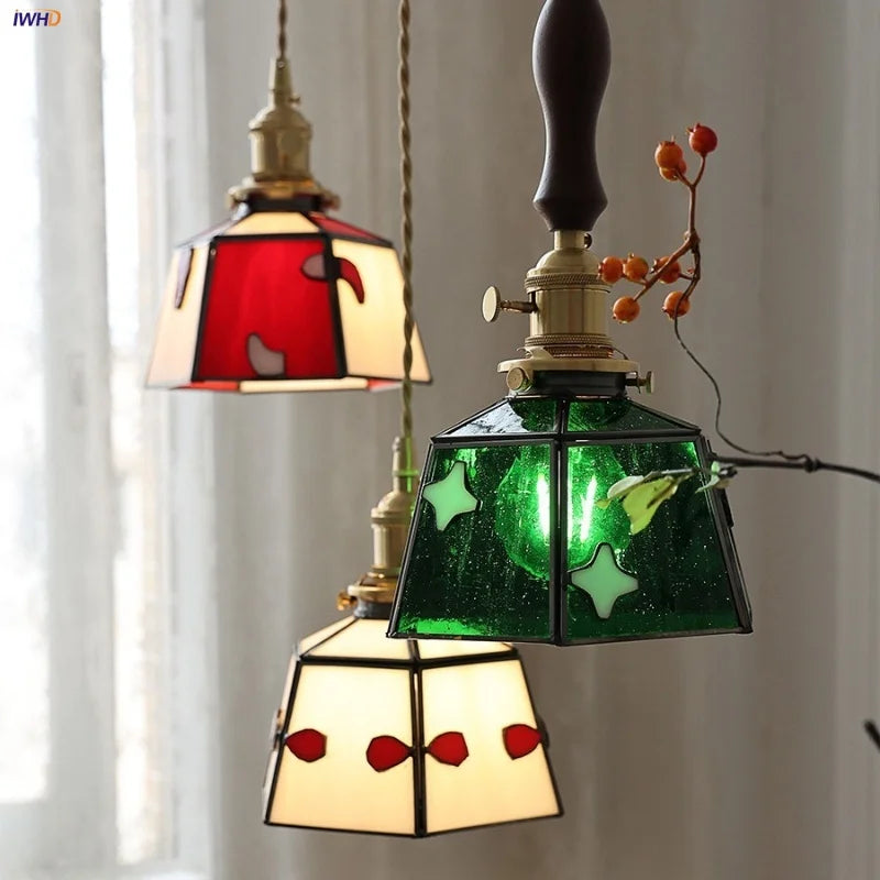Helnys Wood LED Pendant Lights Glass Vintage Loft Kitchen Fixtures