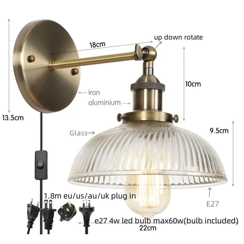 Helnys Vintage LED Wall Light with Pull Chain Switch, Rustic Industrial Bedside Lamp