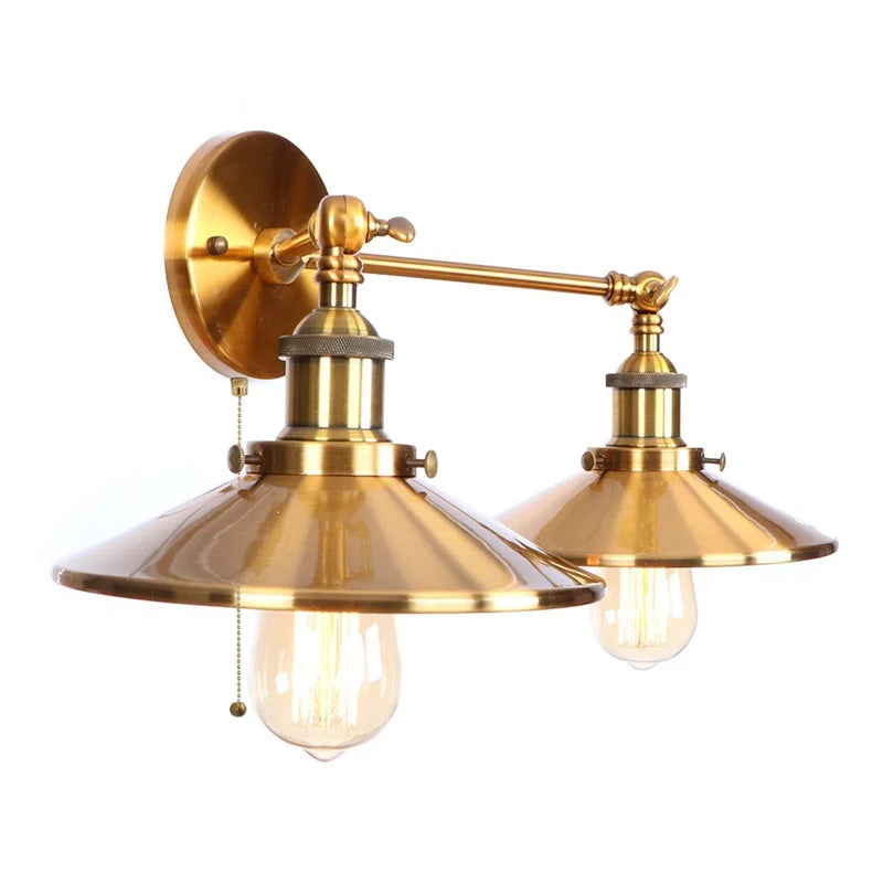 Helnys Gold Vintage 2 Heads LED Wall Lights Industrial Pull Chain Switch Lamp