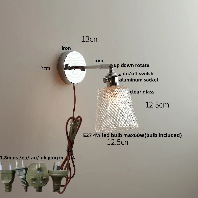 Helnys Clear Glass LED Wall Sconce Pull Chain Switch Modern Iron Bathroom Light