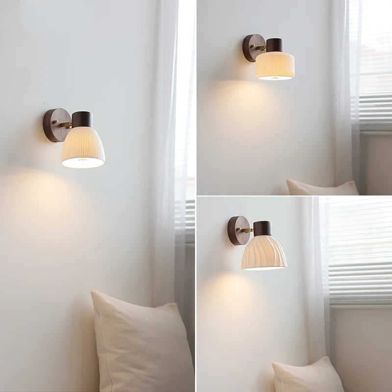 Helnys Modern LED Wall Light Fixture White Ceramic Walnut Wood Bedside Lamp