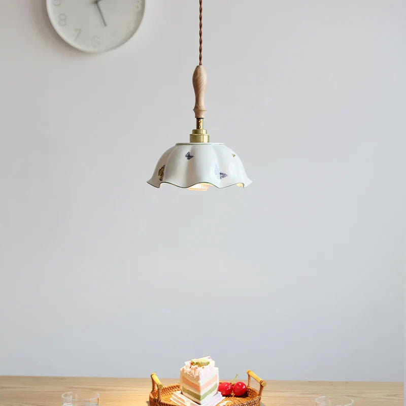Helnys Butterfly Ceramic LED Pendant Lamp with Wooden Handle Copper Socket
