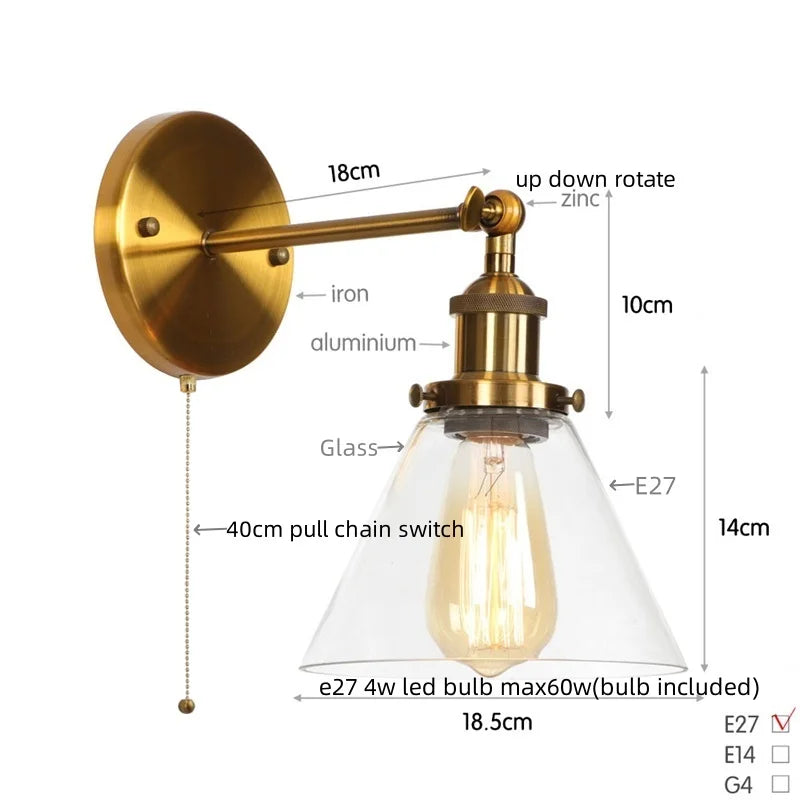 Helnys Clear Glass Iron LED Wall Lamps Stair Light Fixtures Rustic Industrial Vintage