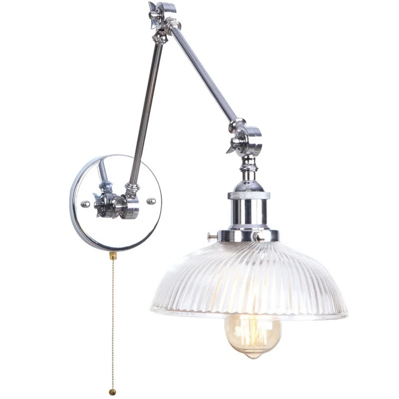 Helnys Retro Loft LED Wall Lights Pull Chain Switch Chrome Clear Glass Vintage Fixture