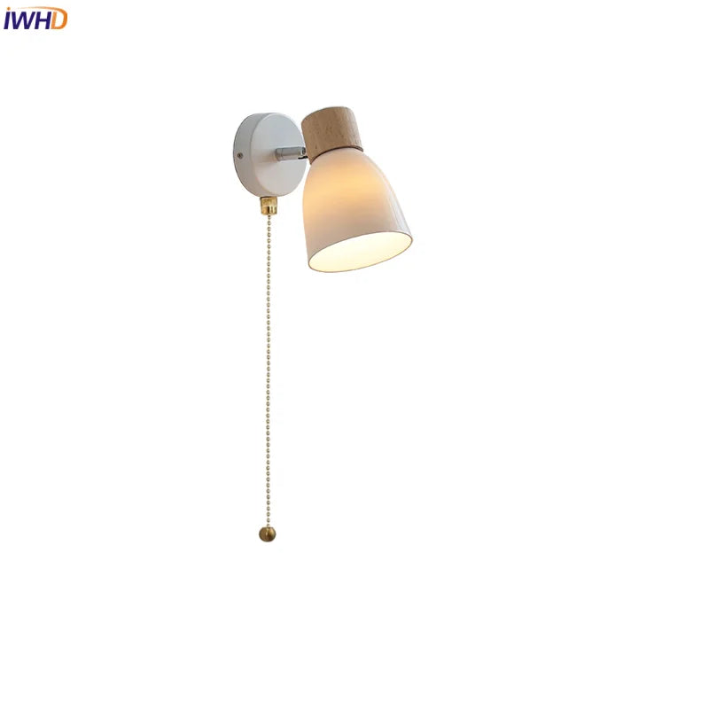 Helnys Iron Wood LED Wall Light Pull Chain Switch White Glass Rotate Bedside Lamp