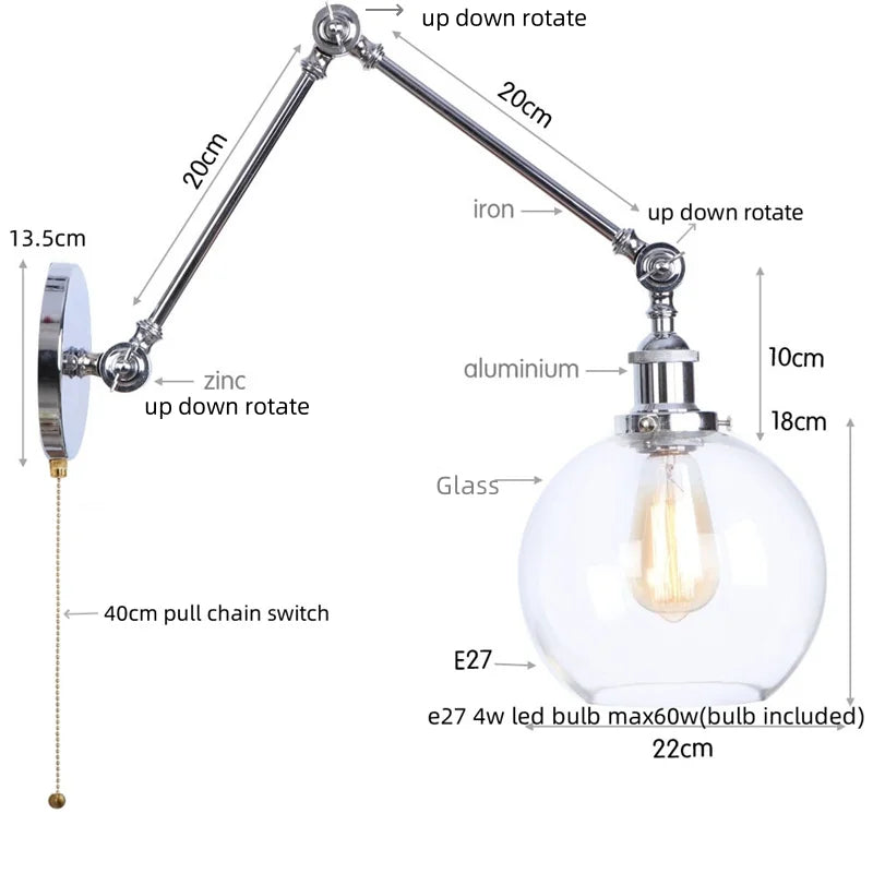 Helnys Retro Loft LED Wall Lights Pull Chain Switch Chrome Clear Glass Vintage Fixture