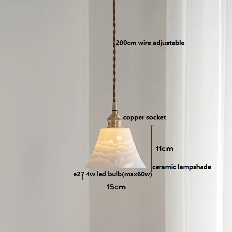 Helnys Ceramic LED Pendant Light with Wood Handle and Copper Socket