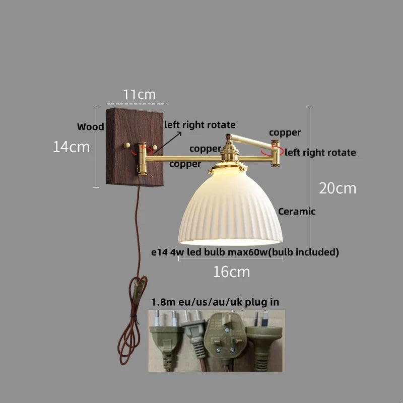 Helnys Wood Swing Arm LED Wall Light Rotatable Bedside Lamp
