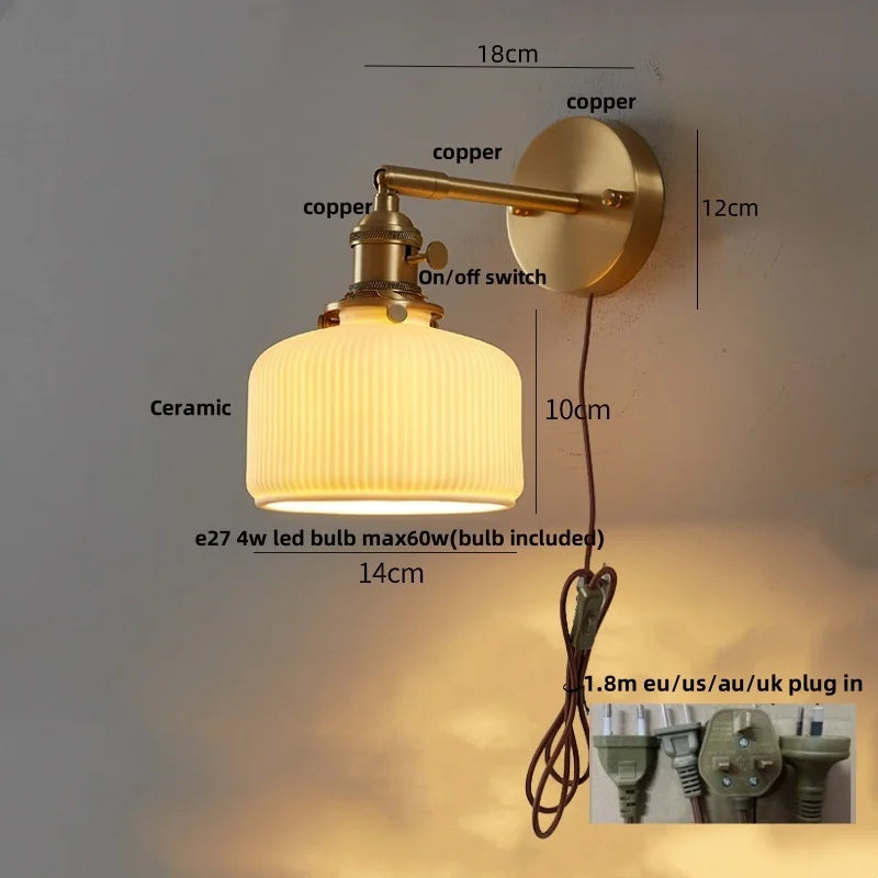 Helnys Rotatable Ceramic LED Wall Sconce Nordic Walnut Wood Bedside Lamp