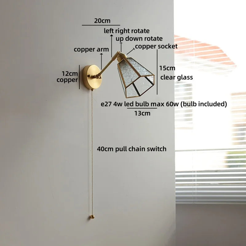 Helnys Vintage Glass LED Wall Lights Up Down Brass Arm Bedside Lamp