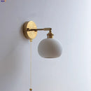 Helnys Globe White Ceramic LED Wall Sconce with Pull Chain Switch & Rotate Copper Mirror Light