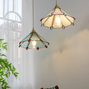 Helnys Tiffany Glass Pendant Lights Vintage Walnut Wood LED Hanging Lamp