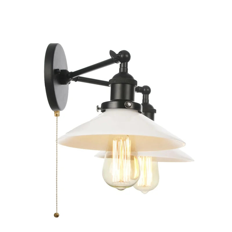 Helnys Industrial LED Wall Light with White Glass, Pull Chain Switch, 2 Heads