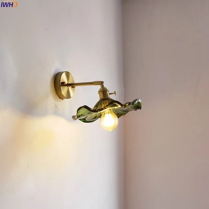 Helnys Green Glass Copper LED Wall Sconce with Pull Chain - Nordic Modern Wandlamp