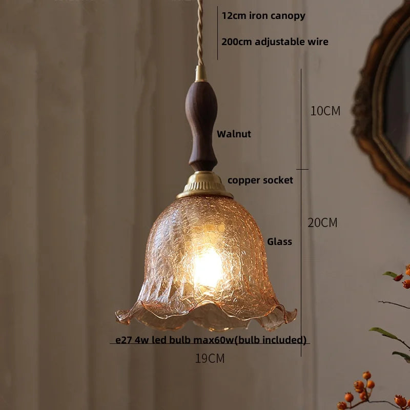 Helnys Amber Glass LED Pendant Lamp Nordic Modern Walnut Wood Copper Hanging Light