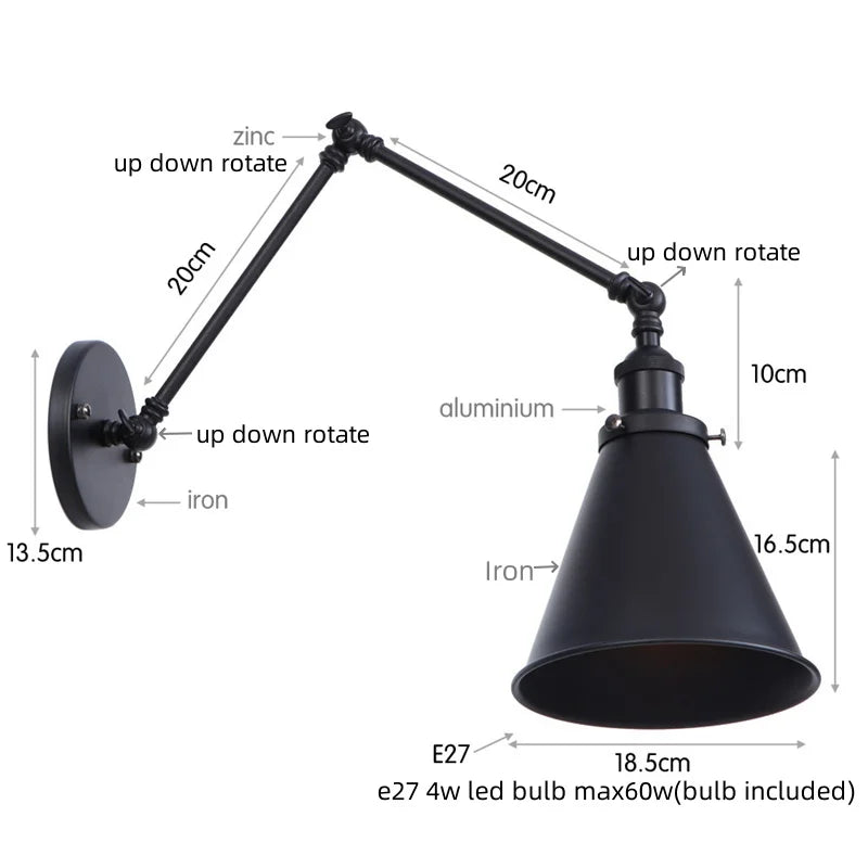 Helnys Retro LED Swing Arm Wall Sconce Black Industrial Vintage Loft Lamp