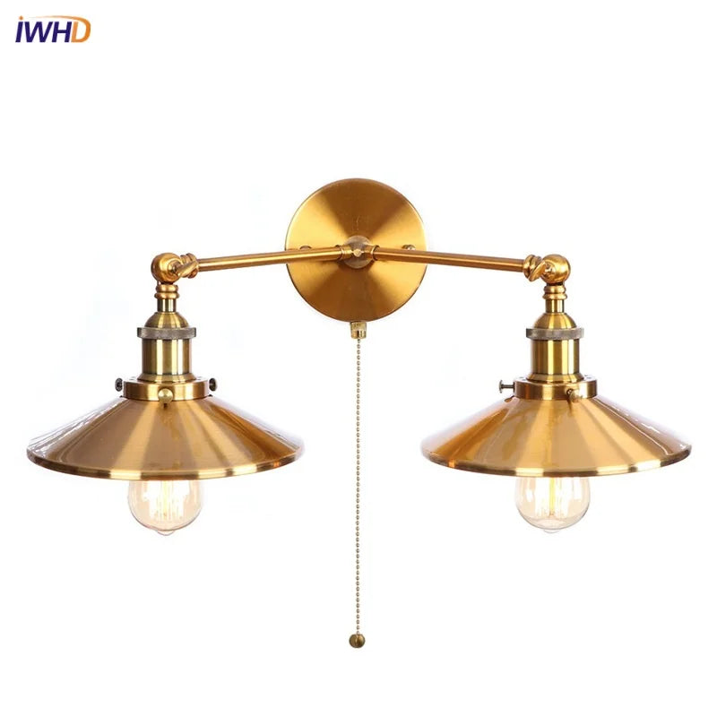 Helnys Gold Vintage 2 Heads LED Wall Lights Industrial Pull Chain Switch Lamp