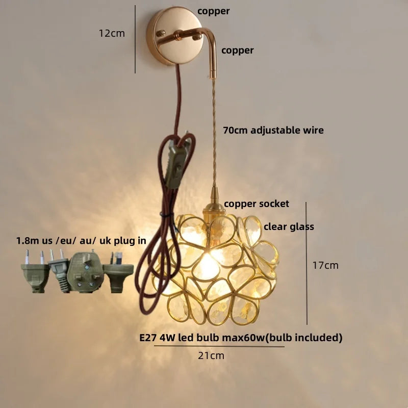 Helnys Clear Glass Wire LED Wall Lights Adjustable Bedside Lamp