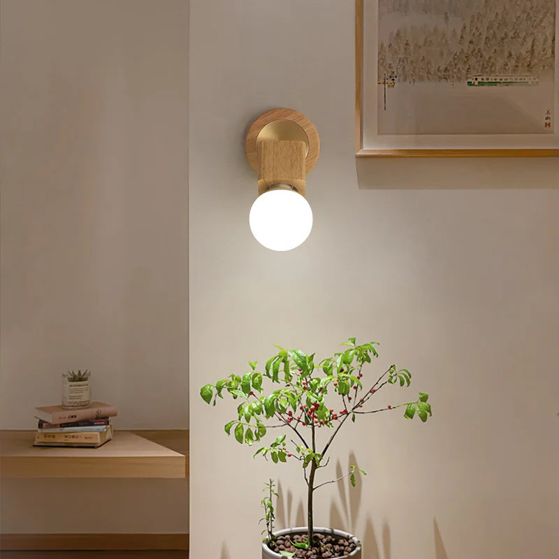 Helnys Wood LED Wall Light with Pull Chain Switch, Modern Copper Vanity Lamp