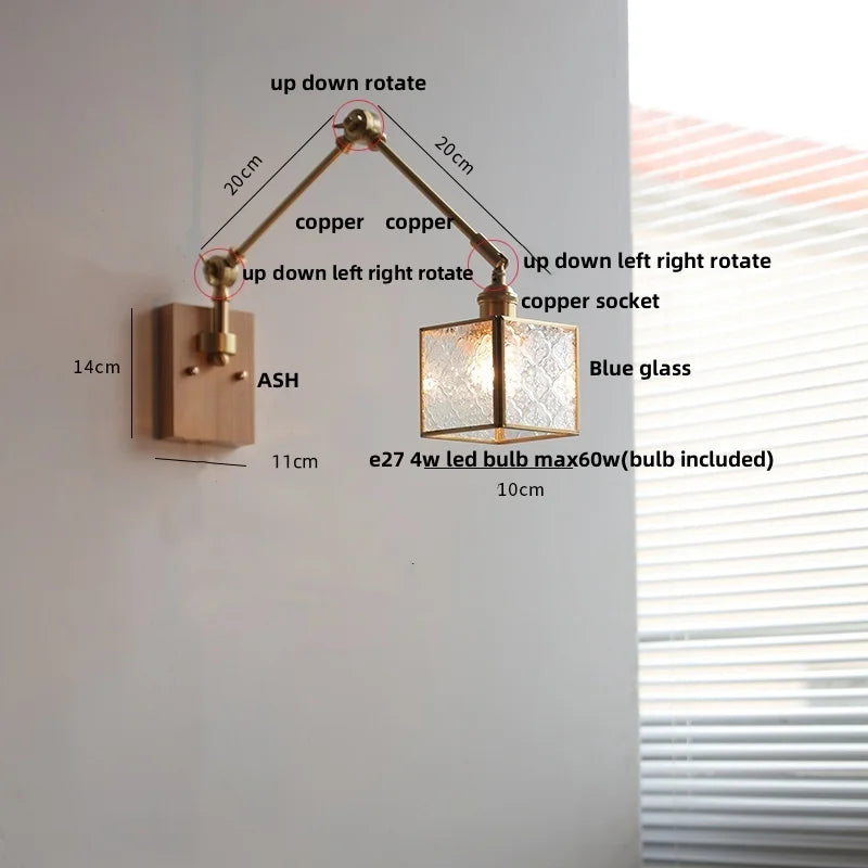 Helnys Modern LED Wall Lamp Glass Pull Chain Switch Rotatable Swing Arms Fixtures