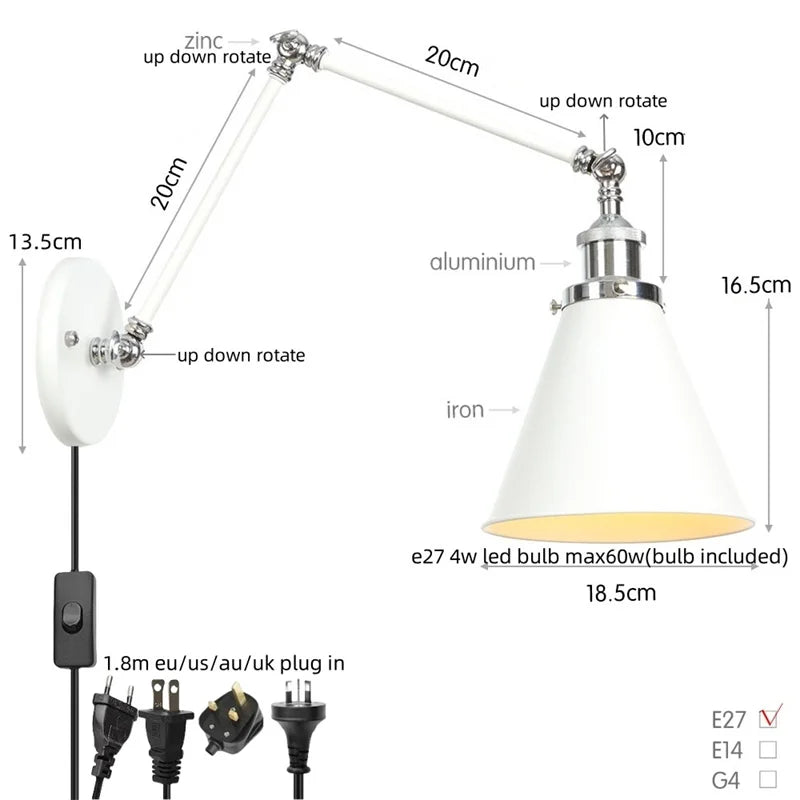 Helnys Vintage White LED Wall Sconce with Pull Chain Switch