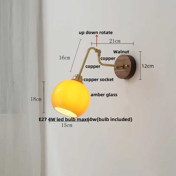 Helnys Amber Glass Wall Lights with Pull Chain Switch and Walnut Canopy