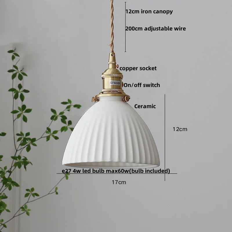 Helnys Ceramic LED Pendant Light Fixture with Brass Knob Switch