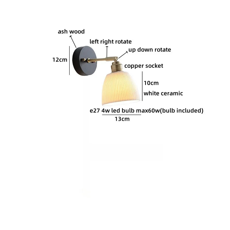 Helnys Black Round Wood LED Wall Lamp With Switch - Bedroom Living Room Home Design