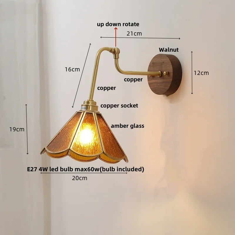 Helnys Amber Glass Wall Lights with Pull Chain Switch and Walnut Canopy
