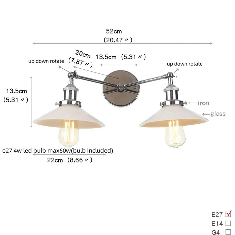 Helnys 2-Head LED Wall Sconce with Pull Chain Switch for Home, Coffee Bar, Bathrooms