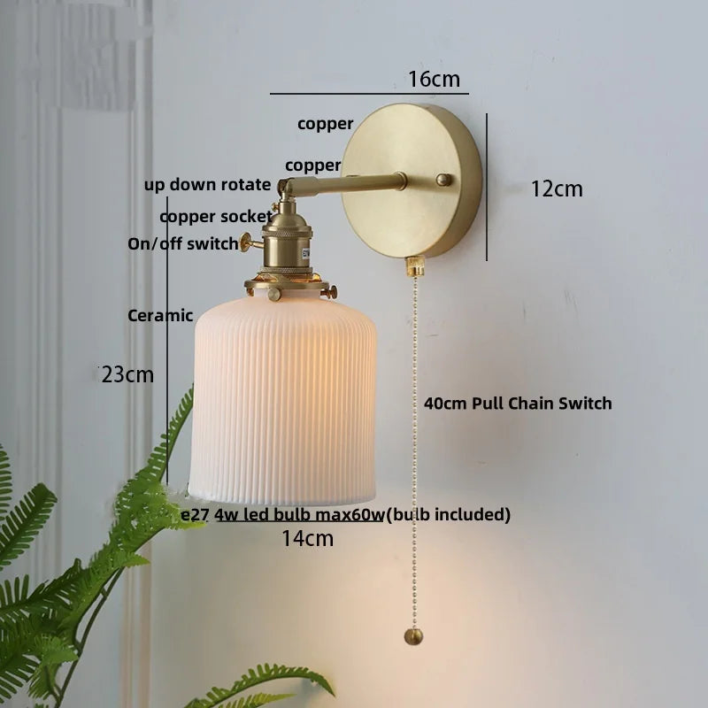 Helnys Walnut Wood LED Wall Sconce Modern Copper Pull Chain Switch Stair Light Fixtures