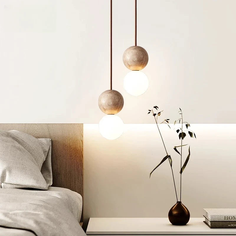 Helnys Glass Ball LED Pendant Lamp, Yellow Travertine Industrial Vintage Hanging Luminaria