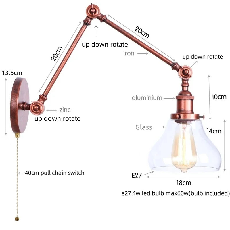 Helnys Retro Loft LED Wall Light Fixture Industrial Glass Indoor Lamp