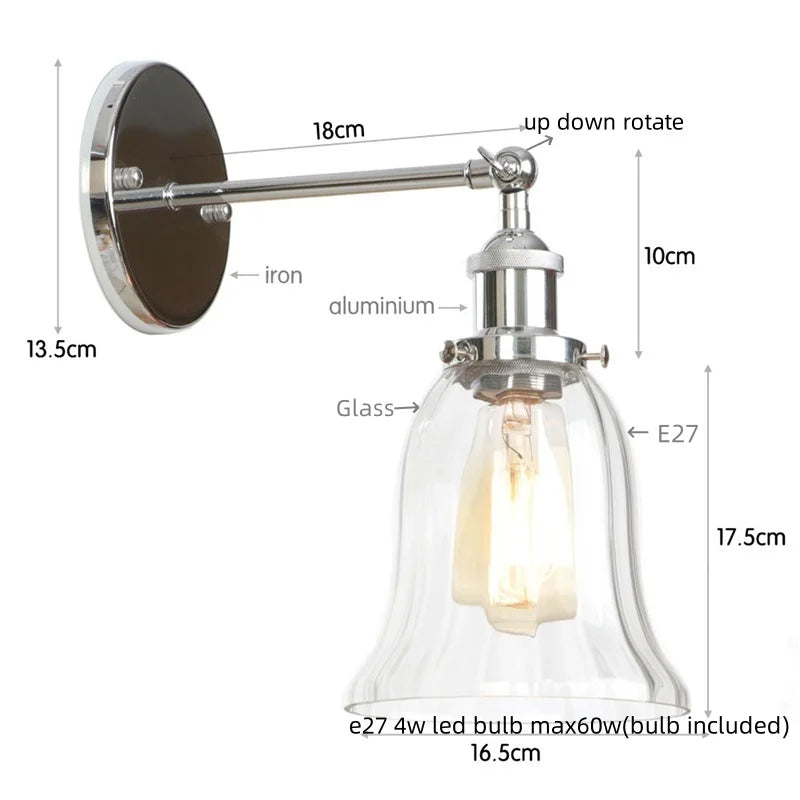 Helnys Vintage LED Glass Wall Sconce with Pull Chain Switch