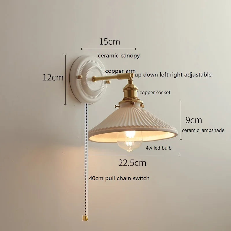 Helnys Modern LED Wall Lamp Ceramic Canopy Copper Arm Socket Indoor Light