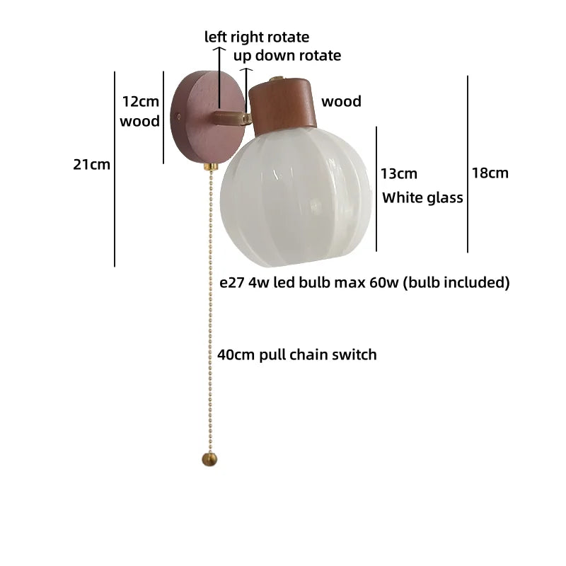 Helnys Wood Cream Glass Wall Lamp for Living Room & Bathroom