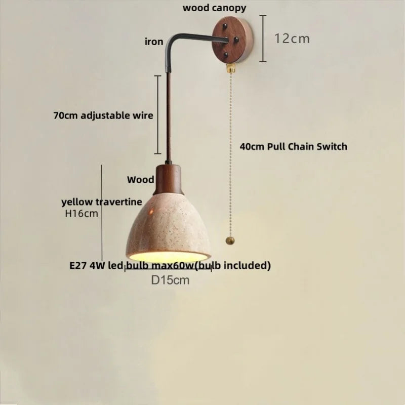 Helnys Yellow Travertine LED Wall Lamp Sconce with Pull Chain Switch