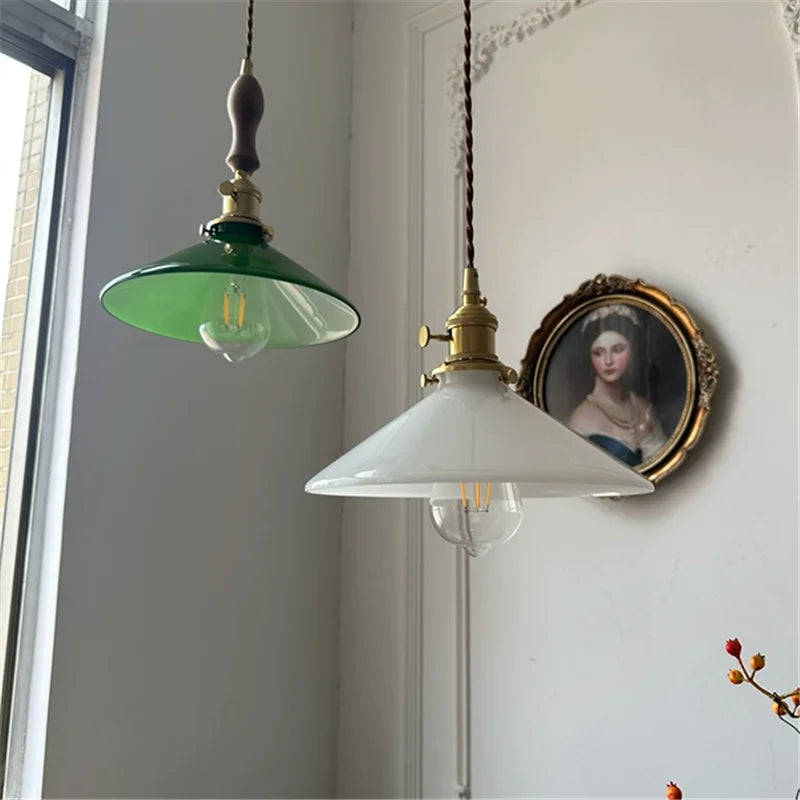 Helnys White Green Glass LED Pendant Lights with Copper Socket & Wood Finish