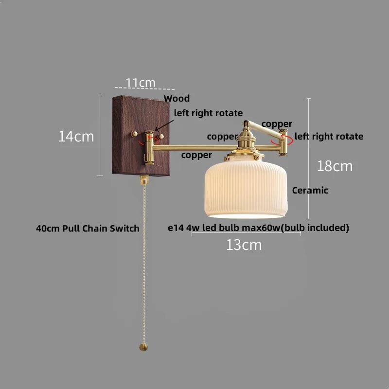 Helnys Wood Swing Arm LED Wall Light Rotatable Bedside Lamp
