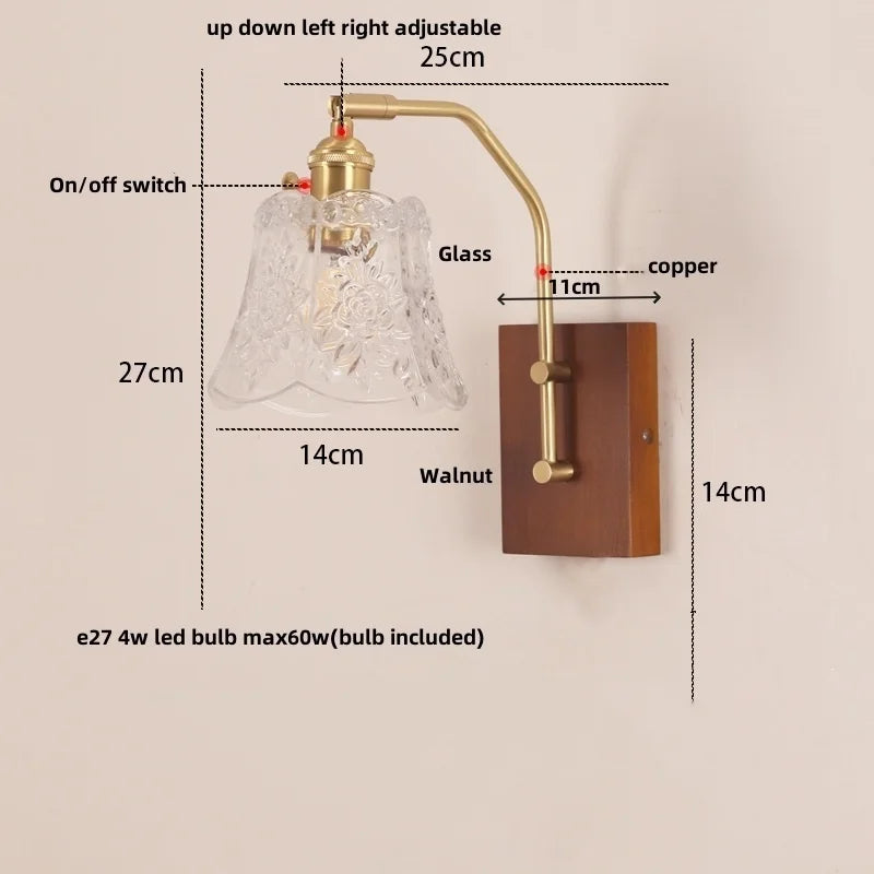 Helnys LED Glass & Wood Wall Lamp with Pull Chain Switch for Living Room