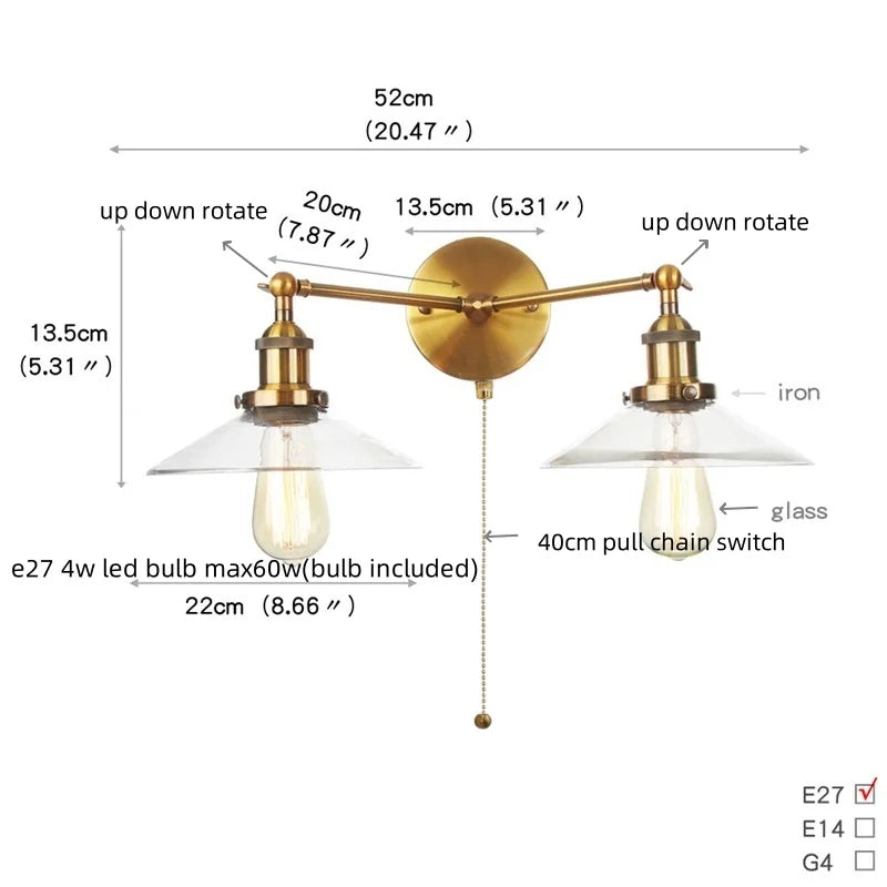 Helnys 2-Head LED Wall Sconce with Pull Chain Switch for Home, Coffee Bar, Bathrooms