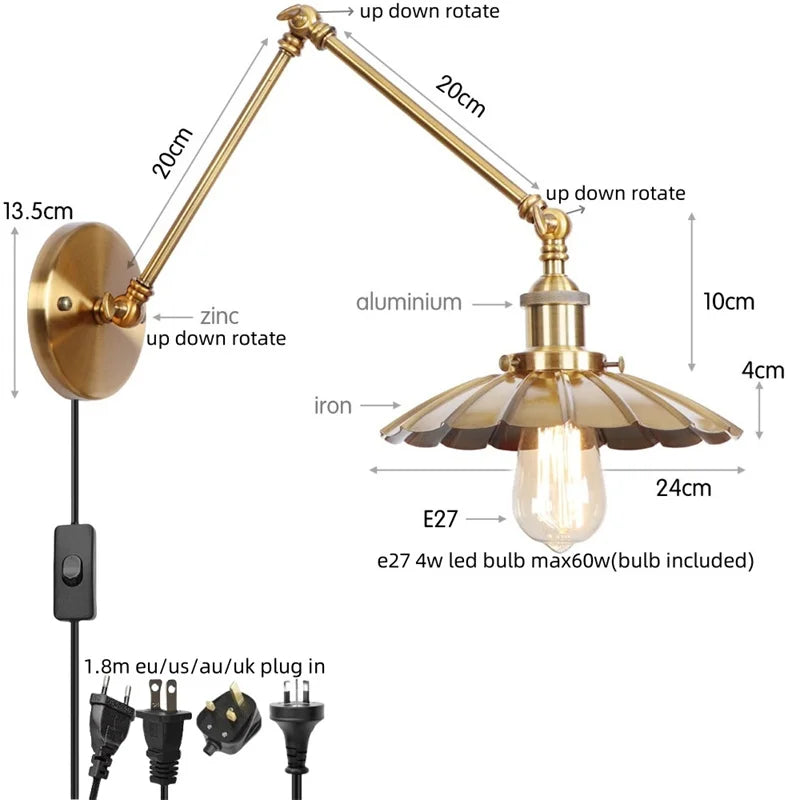 Helnys Gold Industrial LED Wall Lamp with Pull Chain Switch