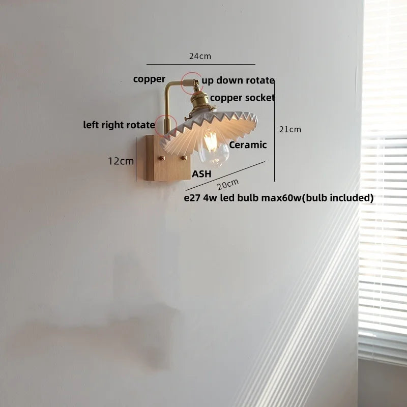 Helnys Nordic Modern Walnut Wood LED Wall Lamp with Rotatable Ceramic Copper Switch