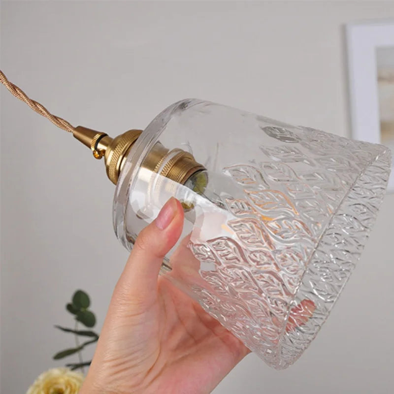 Helnys Clear Leaf Glass LED Pendant Lamp with Copper Knob Switch