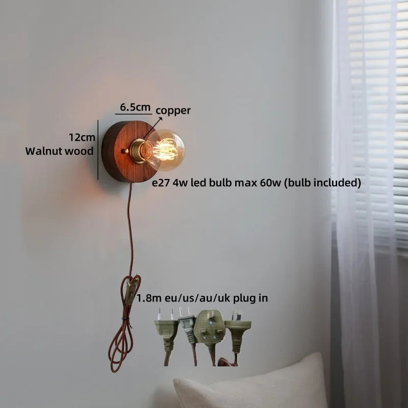 Helnys Vintage Brass LED Wall Lamps Walnut Wood Lighting Fixtures