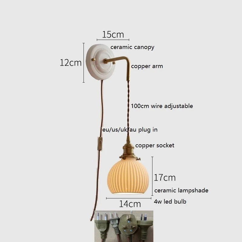 Helnys Ceramic LED Wall Sconce Copper Arm Adjustable Mirror Light