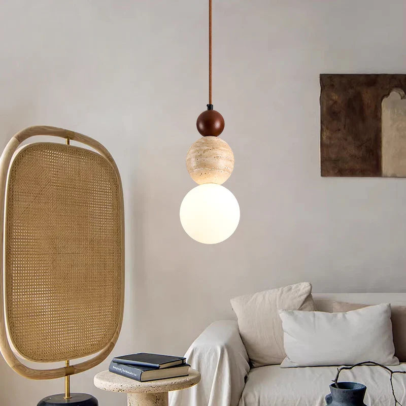 Helnys Nordic Modern Wood Stone Glass Pendant Lamp for Bedroom Living Room