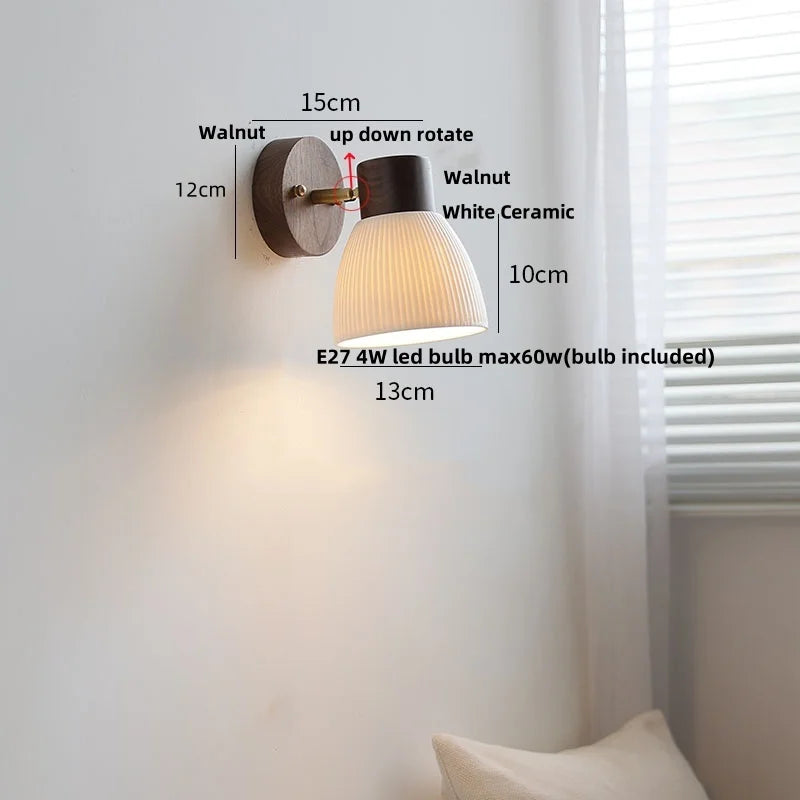 Helnys Modern LED Wall Light Fixture White Ceramic Walnut Wood Bedside Lamp