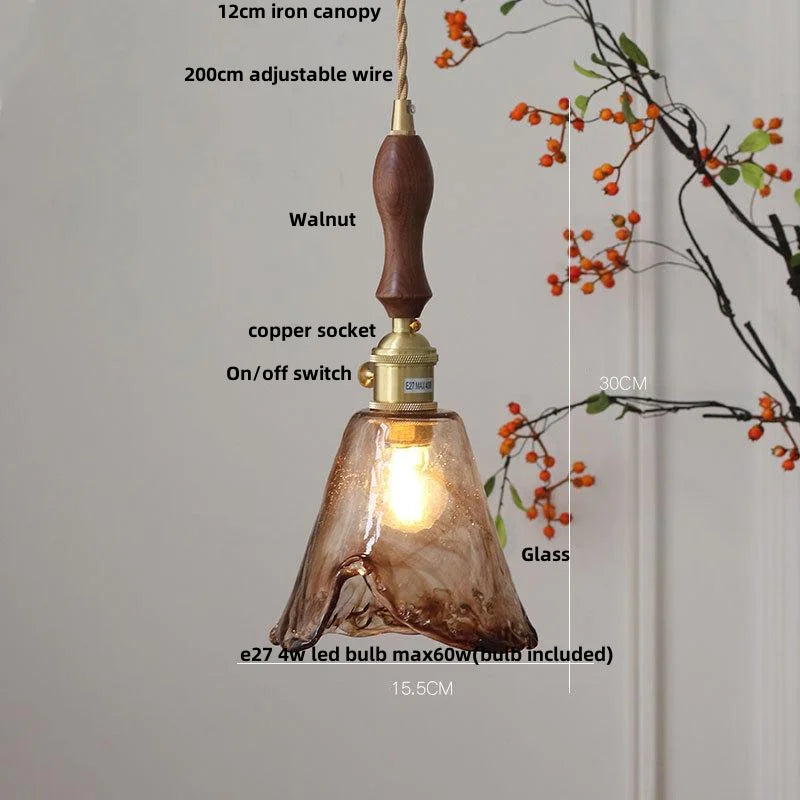 Helnys Wood Amber Glass LED Pendant Light Fixture - Nordic Modern Hanging Lamp