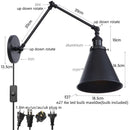 Helnys Industrial Black Swing Arm LED Wall Sconce Vintage Loft Plug-In Lamp